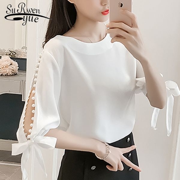 

fashion woman blouses summer ladies chiffon women blouse shirt white pink beading feminine blouses blusas 0359 40 y200828
