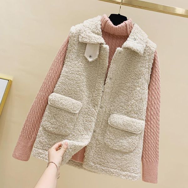 

thick warm vest women 2021 winter lapel turn down collar lamb fur sleeveless jacket outwear big pocket button up wool waistcoat, Black;white