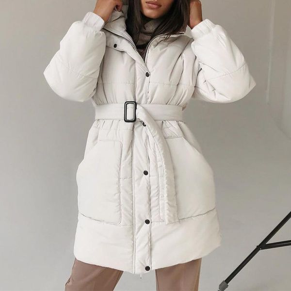

white cotton hooded women parkas coats long sleeve zipper pocket with belt coat female winter streetwear ladies long coat-skirt, Black