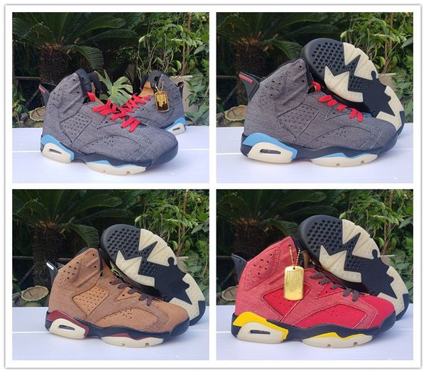 

travis x houston 6 denim blue red brown men basketball shoes good quality 6s cowboy jeans mens sneaker with box, White;red