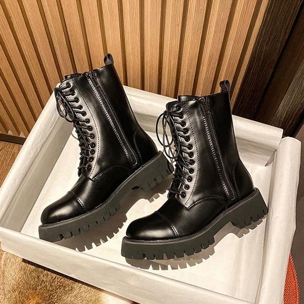 

2020 autumn winter women motorcyle boots platform lace up ankle boot sewing black chunky booties zip round toe botas mujer #0b9m