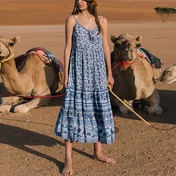 

summer dress beach deep v neck strap dresses blue floral print long dresses bohemia dress for women vestidos casual dresses 2021, Black;gray
