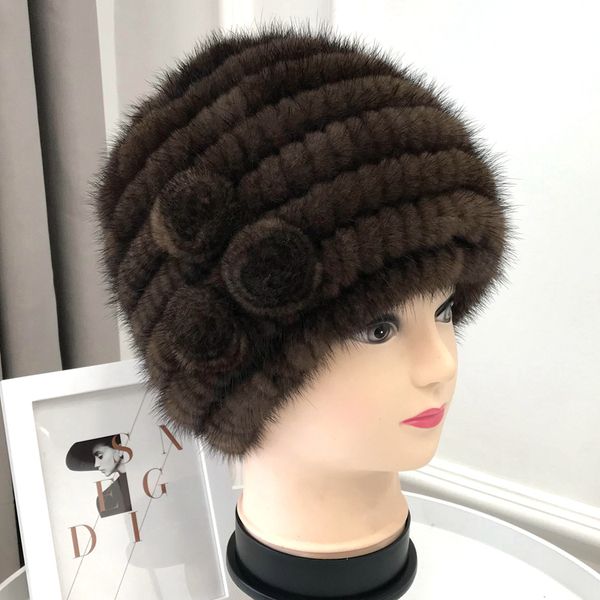 

2020 new mink-style imported woman's thickened warm fur hat for middle-aged mothers and elderly 3 mink flowers, Blue;gray