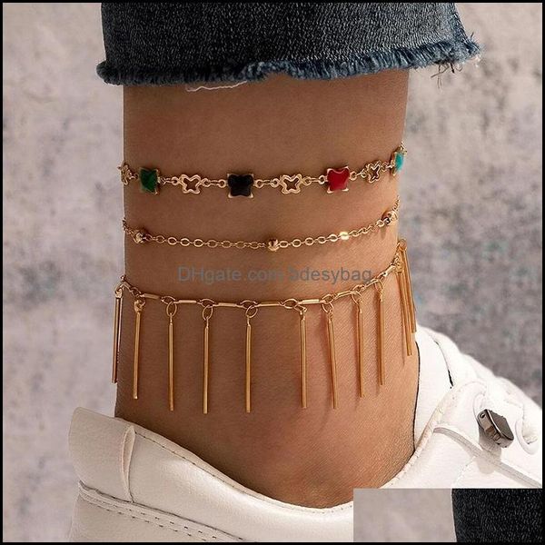 

anklets jewelry colorf star drip oil gold for women charms alloy metal tassel foot chain bohemian 3pcs/sets drop delivery 2021 rmv3k, Red;blue