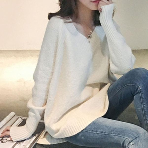 

soft sweater 2021 new v-neck long sleeve pullover single pullover plain pattern loose for office lady fashion simple lady, White;black