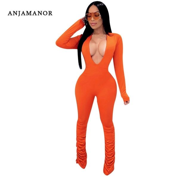 

anjamanor deep v neck long sleeve jumpsuit ruched pants suit bodycon club party outfit neon solid color rompers d45-ae65 t200509, Black;white