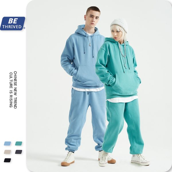 

быть мужской одежда | костюм осень зима 2020 сплошной цвет плюшевой утолщенного свитера с капюшоном брюки с капюшоном, Black