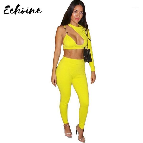 

echoine women solid two piece set asymmetrical halter one shoulder long sleeve metal sling crop pencil pants tracksuit1, White