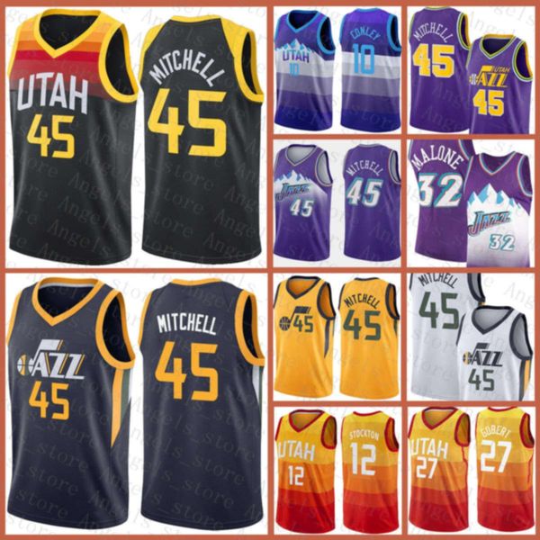 

donovan 45 mitchell rudy 27 gobert john 12 stockton karl 32 malone mike 10 conley utah jazz 2020 2021 new basketball jersey brown, Black;red