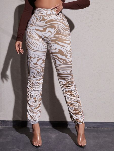 

petite allover print high waist stacked pants g1lp#, Black;white