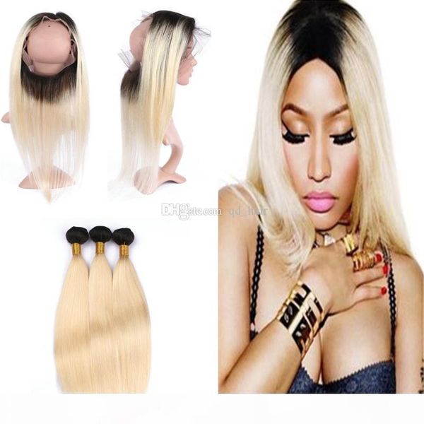 

ombre 1b 613 pre plucked 360 lace band frontal with hair extension blench blonde straight virgin human hair weft with 360 frontal, Black;brown