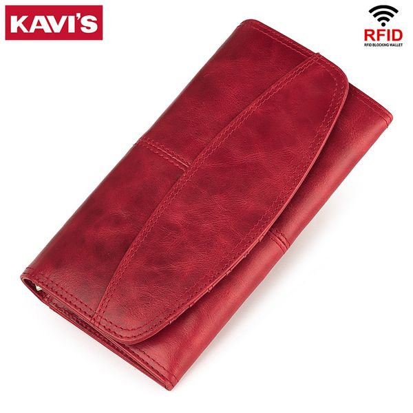 

kavis rfid cow leather women clutch wallet long style ladies female coin purse portomonee clamp for phone bag girls handy purse, Red;black