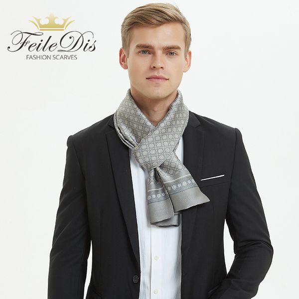 

feiledis]plaid men fashion accessories autumn winter male pure silk long scarves cravat 170*30cm asn05, Blue;gray
