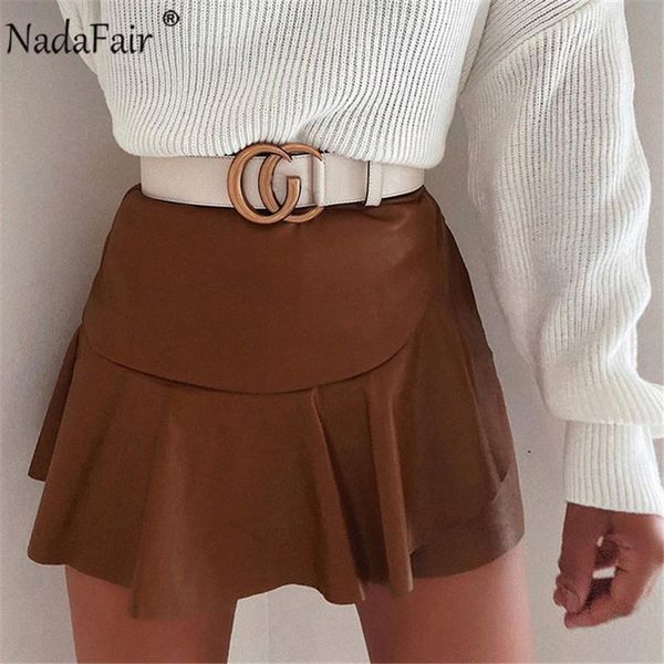 

nadafair ruffles leather skirt women 2020 fashion zip mini pleated skirt ladies club high wiast a-line pu woman skirts, Black