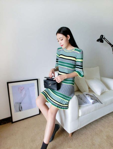 

smooth and draping summer ice yarn stripe dress, Black;gray