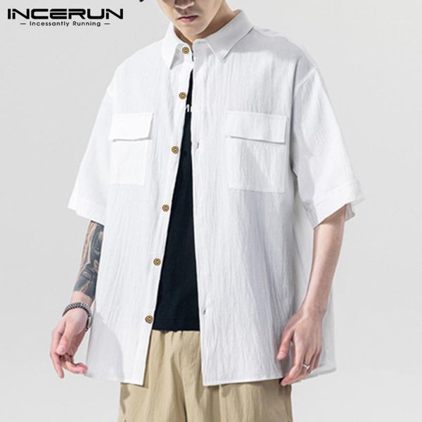 

incerun men plain shirts short sleeve turn down collar shirt man loose cotton tang suits pockets solid color breathable blouse1, White;black