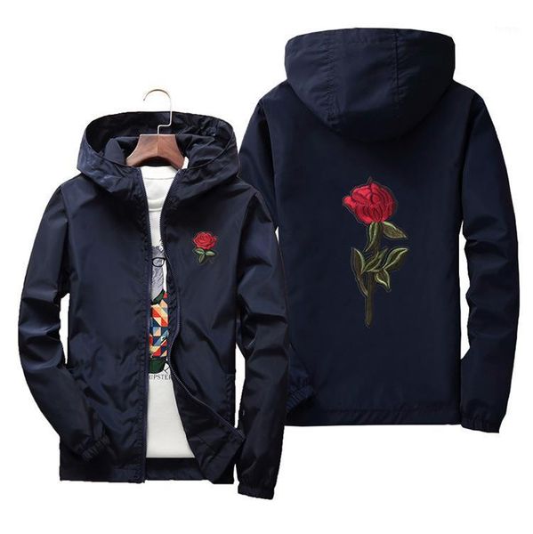 

embroidery rose flower windbreaker jacket men big size1, Black;brown