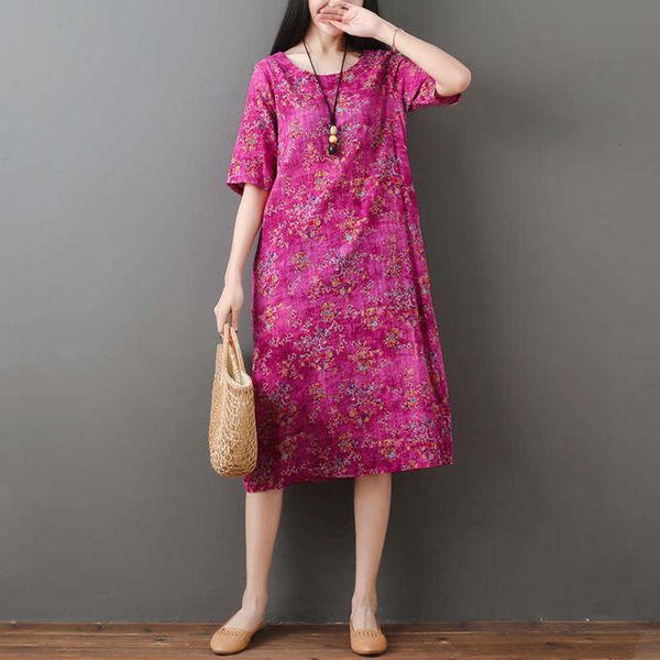 

national summer 2019 women's new large style printed cotton linen loose medium length floral dress, Black;gray