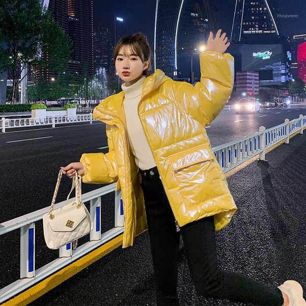 

2020 new winter women loose solid color glossy hooded padded coat lady casual big pockets jacket msfilia1, Black