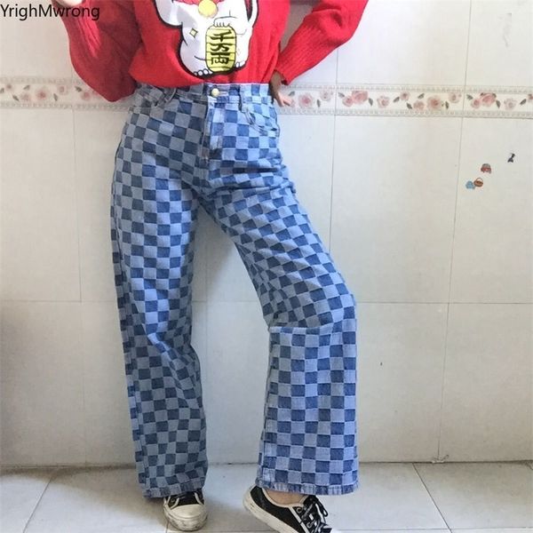 

plus size korean streetwear checkerboard plaid denim loose straight jogger pant trouser high waist man women harajuku contrast y200418, Black;white