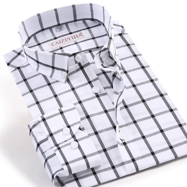 Moda dos homens manga longa xadrez xadrez camisa de vestido de vestido fácil - Wrinkle Free Gingham Botão para baixo Camisas de algodão C1210