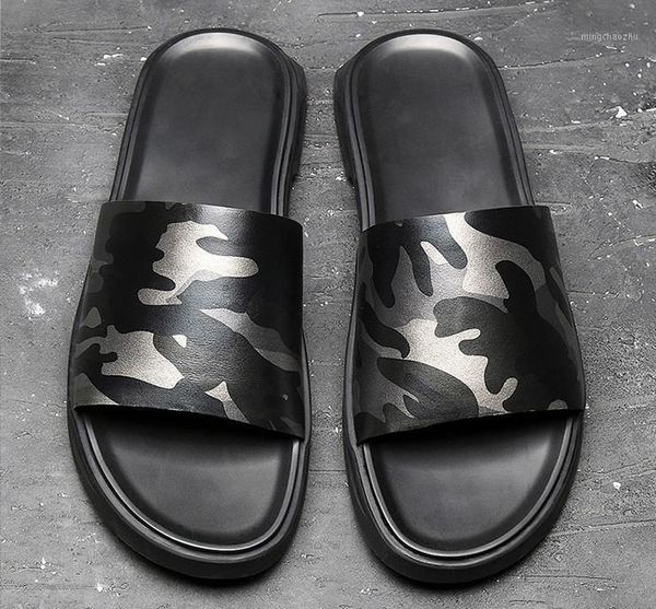 

sandals summer comfortable men flat genuine leather soft bottom breathable casual outdoor slippers youth camo mixed color slippers1, Black
