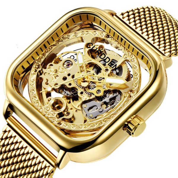 

men's automatic mechanical watch fashion carryton stainless steel mesh band hollow business men's watch, Slivery;brown