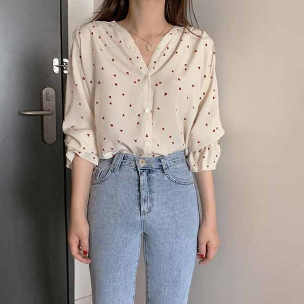 

women korean simple heart print chiffon flare sleeve shirt sweet chic v-neck loose skin-friendly blouse casual pullover top, White