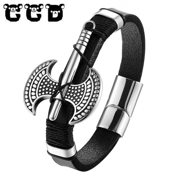 

charm bracelets fashion handmade cross wide cuff stainless steel genuine leather men axe & bangles for women jewel, Golden;silver