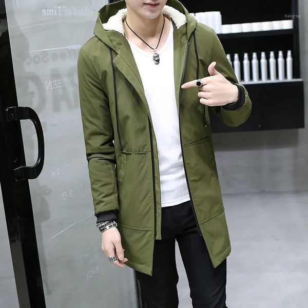 

fashion winter mens long hooded jacket slim fit plus velvet coat cashmere male cotton windproof windbreaker parkas clothing, Black