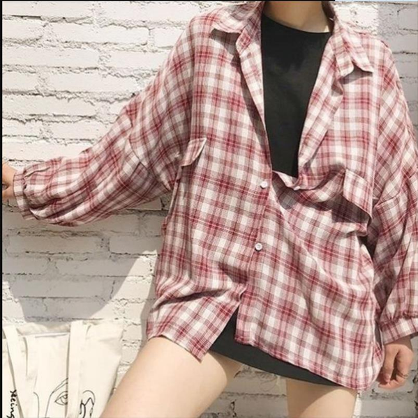 

sun protection shirt female korean version loose student lantern sleeve plaid shirt mid length coat female retro wild blouse, White