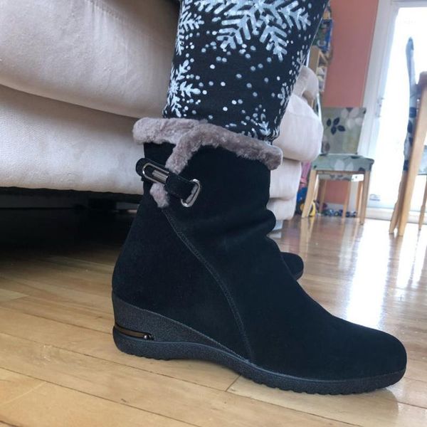 

boots women's winter cow suede wool fur plush warm genuine leather russian essential all-match1, Black