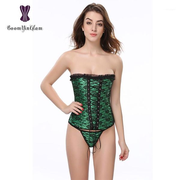 

880# slimming waist gothic korset floral lace green corset for women sizes-2xl1, Black;white