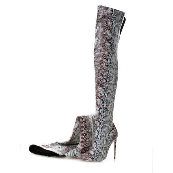 

snake print over the knee boots women zipper fashion thin heels thigh high boots pointed toe high heels zapatos de mujer, Black