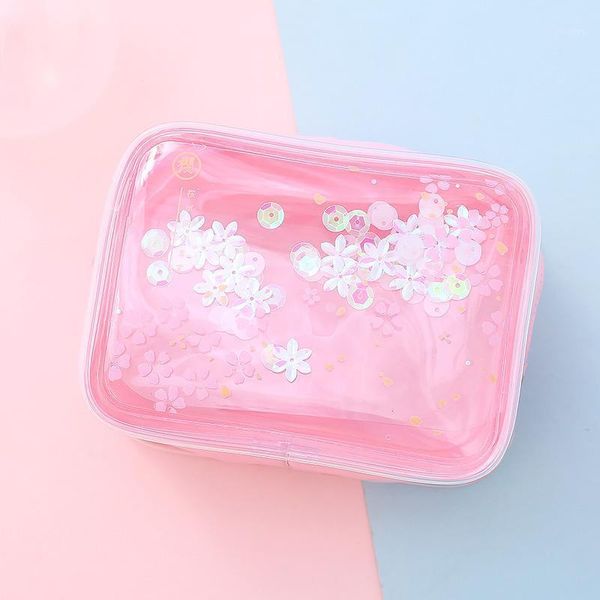 Sacos de armazenamento PVC rosa transparente sakura bolsa cosmética saco de viagem sundries maquiagem organizador 1 pc