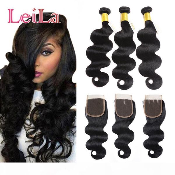 

malaysian body wave hair bundles with lace closure 4pieces unprocessed human hair remy hair weaves 3 bundels get one closure, Black;brown