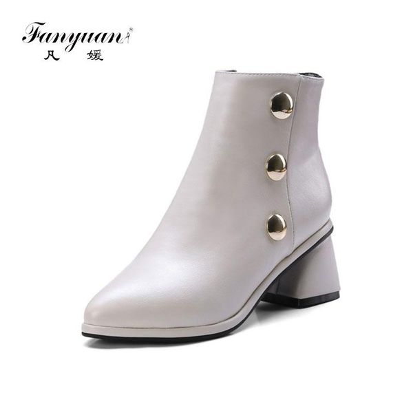 

boots fanyuan white black winter woman shoes pointed toe chunky high heels women ankle with metal button