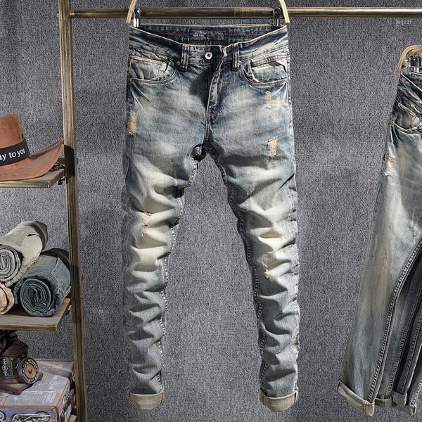 

autumn newly fashion men jeans retro wash slim fit ripped denim pants italian vintage designer cotton long trousers1, Blue