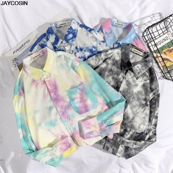 

klv shirts 2020 new men's spring summer casual long sleeve tie-dye printed loose shirt blouse for all season 1219, White;black