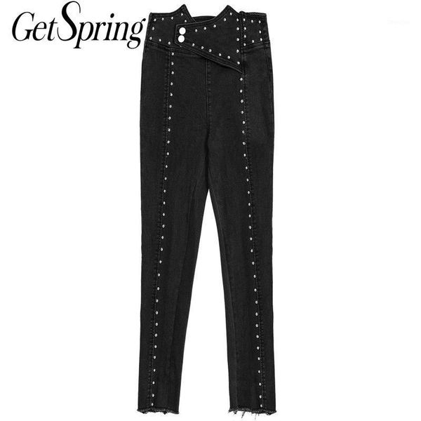 

getspring women jeans bead high waist denim pants women vintage jeans ankle-length pants denim high waist bead 2020 new1, Blue