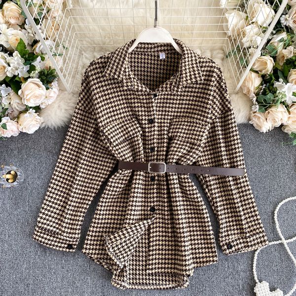 

2021 new retro chess female blouse collar long button fashion streetwear blouses pt1s, White