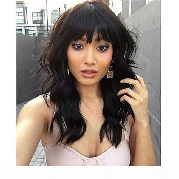 

natural wave brazilian virgin hair lace front wigs with bangs short bob wavy human hair full lace human hair wigs for black women, Black;brown