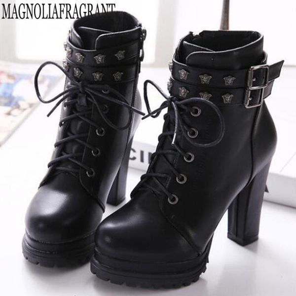 

fashion fall/winter new rivet short boots platform winter boots women rivet belt buckle lace-up high heels women's y513, Black