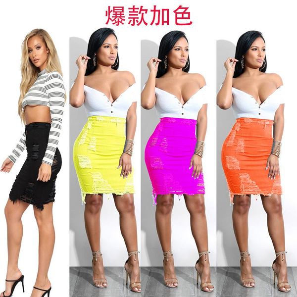 

women summer tight denim skirt irregular hole mini skirt lady street style solid pencil jeans skinny hip, Black