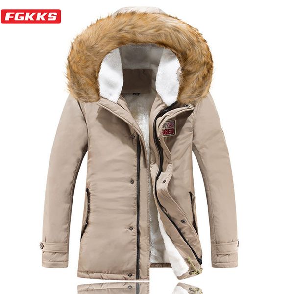 

fgkks parka men winter jacket men slim fur hooded outwear warm coat casual solid brand outwear clothing male q1217, Black
