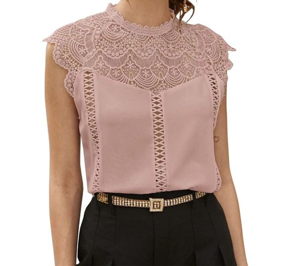

female streetwear chiffon polyester shirt sleeveless solid color blouse street style two-striped lace 2020 women's blouse, White