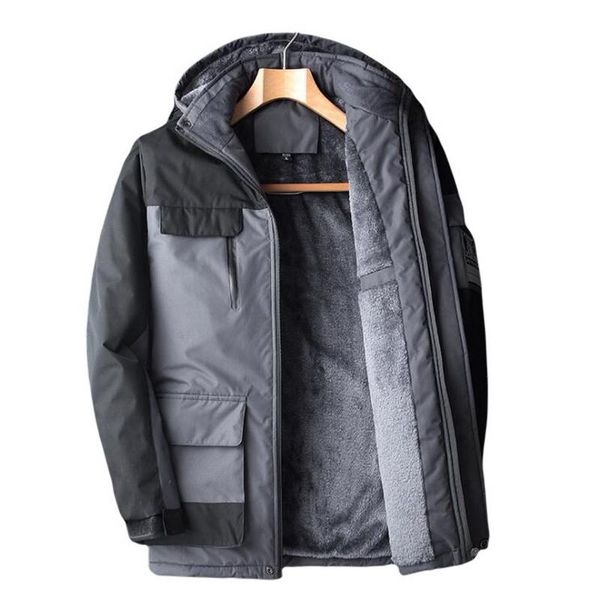 

winter fleece jacket men thick velvet warm parkas windproof coats hooded jackets removable cap overcoat, Black