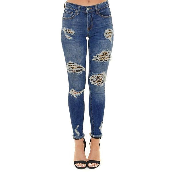 

2020 plus size dark blue washed skinny jeans with distressed leopard print kobieta spodnie pantalones de mujer woman pants 2xl