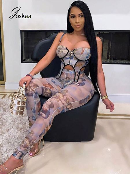 

joskaa women vintage angel print matching set mesh see through strap irrigular crop casual legging pants 2 piece tracksuit, Gray