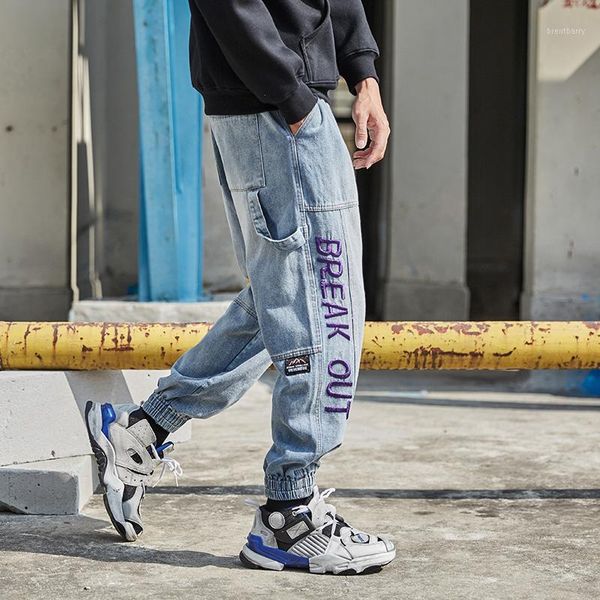 

fashion streetwear men jeans blue color loose fit embroidery designer harem jeans denim cargo pants hip hop joggers men1